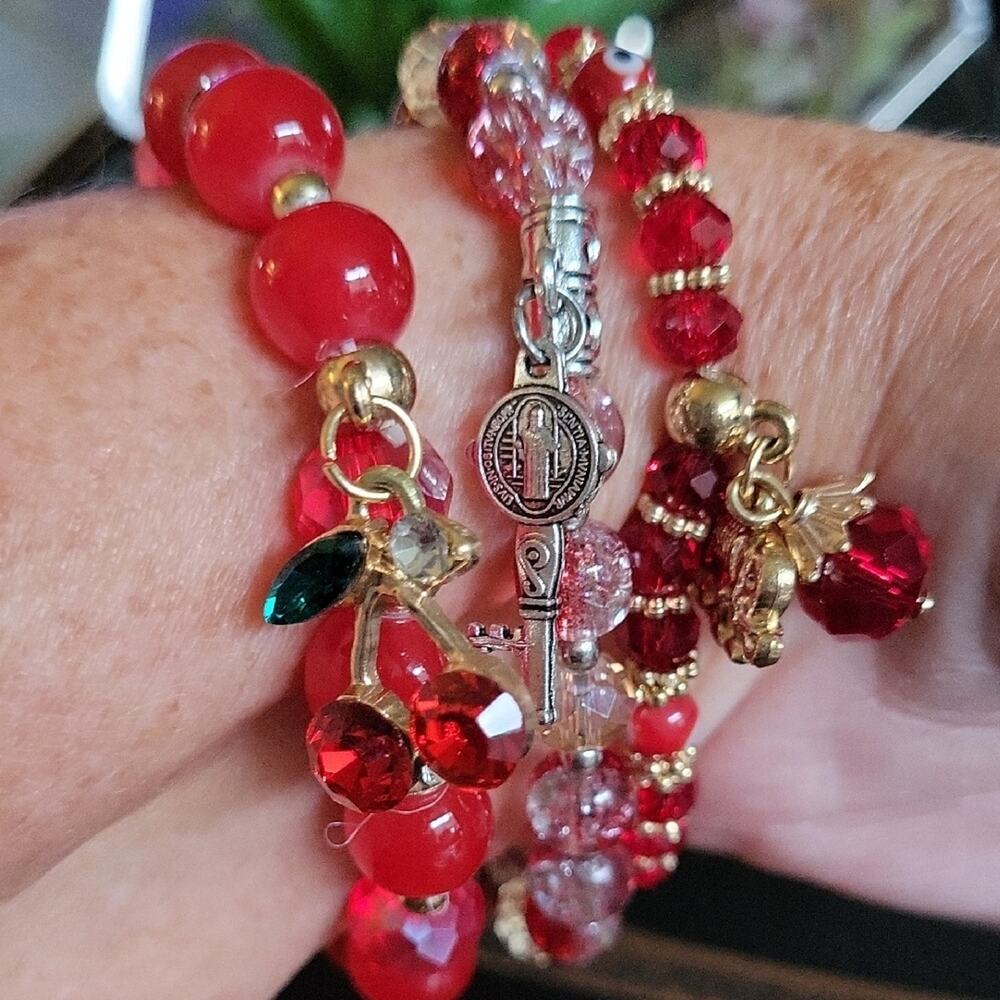 Vibrant Red Beaded Bracelet Set (Cherries, Key, Elephant) Elastic